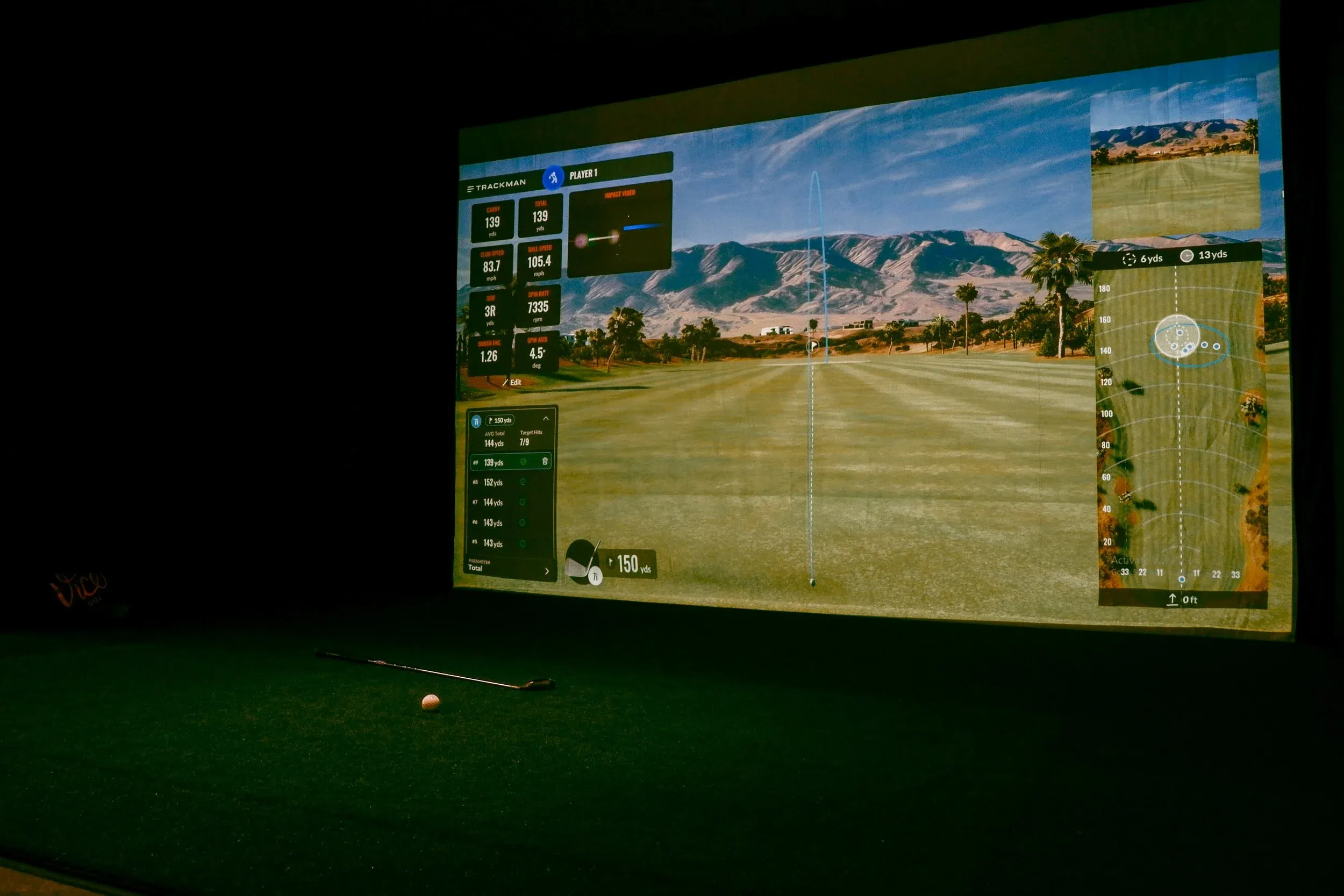 A Trackman course on the big screen in a simulator bay